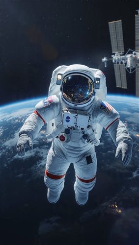 Commander Rhea Okonkwo in a pressure suit during a spacewalk